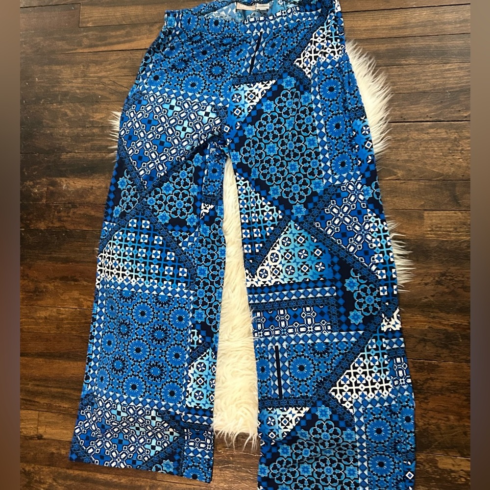 CHICO'S blue patchwork wide leg pants size 1 medium boho hippie stretch pull on
